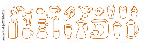 Coffee, tea, cocoa drink collection. Line art sign