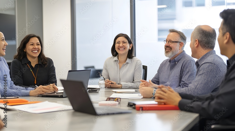 Diverse team of professionals laughing and discussing around a conference table Diverse team of professionals laughing and discussing around a conference table