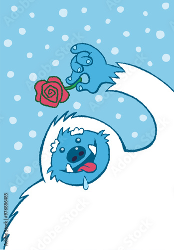 Slobbering Abominable Snowman holding a Romantic Red Rose