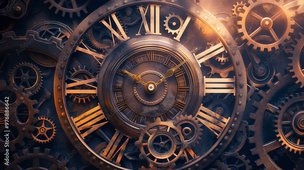 Fototapeta premium Intricate Vintage Clock with Dynamic Mechanical Design and Roman Numerals