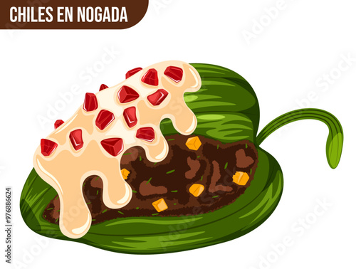 Chiles En Nogada Isolated. Poblano Pepper Stuffed with Picadillo Topped with Creamy Walnut Sauce and Garnished with Pomegranate Seeds - Traditional Mexican Cuisine 