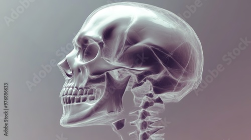 An intricate and highly detailed illustration of human anatomy, focusing on the human skull and skeletal structure. This artwork combines scientific precision with artistic flair,  photo