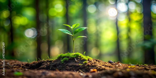 Timelapse shot of seedling growing into young tree in forest clearing, timelapse, seedling, growth, young tree photo