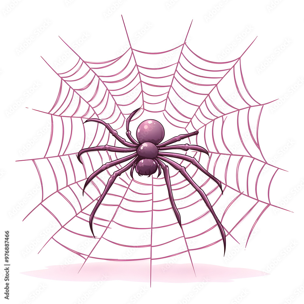 Fototapeta premium Stylized Cartoon Spider Web with Cute Purple Spider on White Background