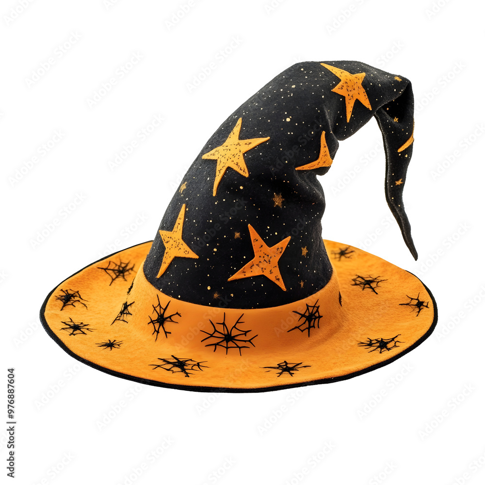 Cute Witch Hat in Cartoon Style with Stars on White Background Cute Witch Hat in Cartoon Style with Stars on White Background
