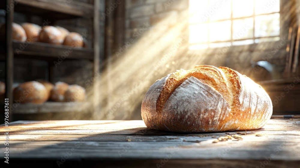 A fresh sourdough loaf on a wooden counter in a rustic bakery, with sunlight casting soft shadows through a window. A fresh sourdough loaf on a wooden counter in a rustic bakery, with sunlight casting soft shadows through a window.