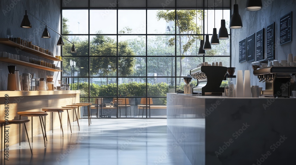 A modern coffee shop interior with a sleek minimalist design and large windows that allow natural light to flood the space. A modern coffee shop interior with a sleek minimalist design and large windows that allow natural light to flood the space.