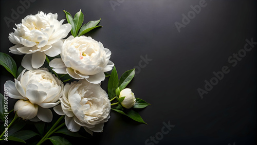 Elegant greeting card with white peony flowers on a black background, White, peony, flowers, elegant