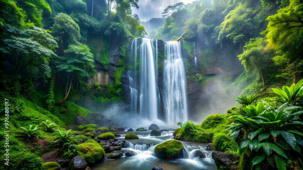 A majestic waterfall in the lush rainforest surrounded by vibrant greenery and mist , waterfall, rainforest, nature, tropical A majestic waterfall in the lush rainforest surrounded by vibrant greenery and mist , waterfall, rainforest, nature, tropical