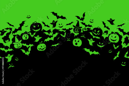 Halloween banner with black bats, pumpkins and ghosts on the green background. Illustration with text.
