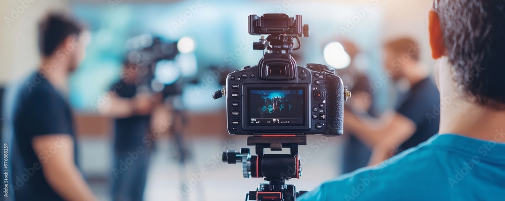 A professional camera captures a filmmaking scene, showcasing the creative process in a well-lit studio environment. A professional camera captures a filmmaking scene, showcasing the creative process in a well-lit studio environment.