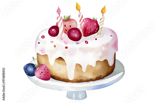 Watercolor painting of a birthday cake adorned with red berries and candles, separated from a white background.