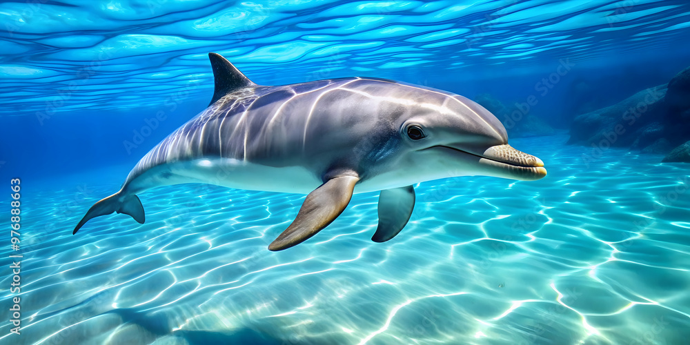 Obraz premium Dolphin gracefully swimming in clear blue water, dolphin, marine animal, aquatic, mammal, ocean, sea life