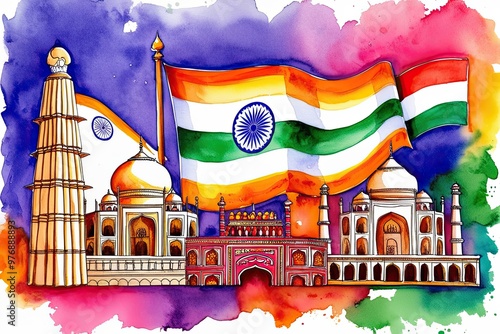 Vibrant Watercolor Art Celebrating India's Cultural Heritage and National Pride photo