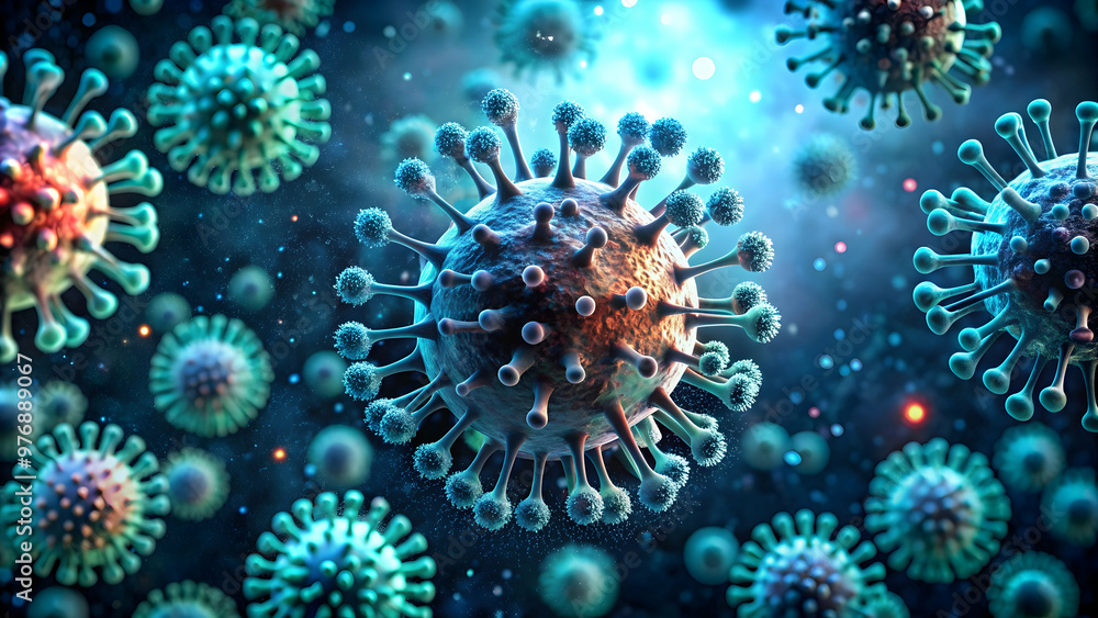 Close-up view of virus particles with spike proteins, dark tones bioluminescent effect Close-up view of virus particles with spike proteins, dark tones bioluminescent effect