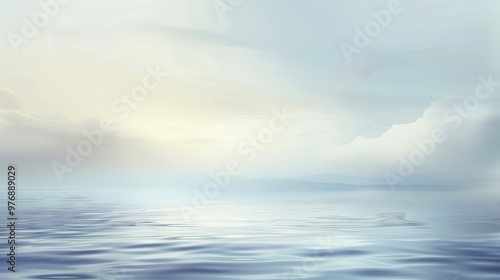 Abstract Blue Blurred Background with Light Sky Blue Color Gradient, Soft Clouds, and Calm Sea Water Texture. Bright Summer Day, Clear Sky, and Minimalistic Vector Illustration in a Realistic Photo St