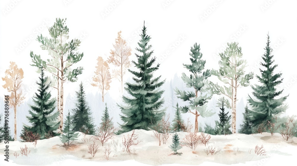 Obraz premium Scandinavian watercolor winter scene with birch, pine, and mountain ash trees.