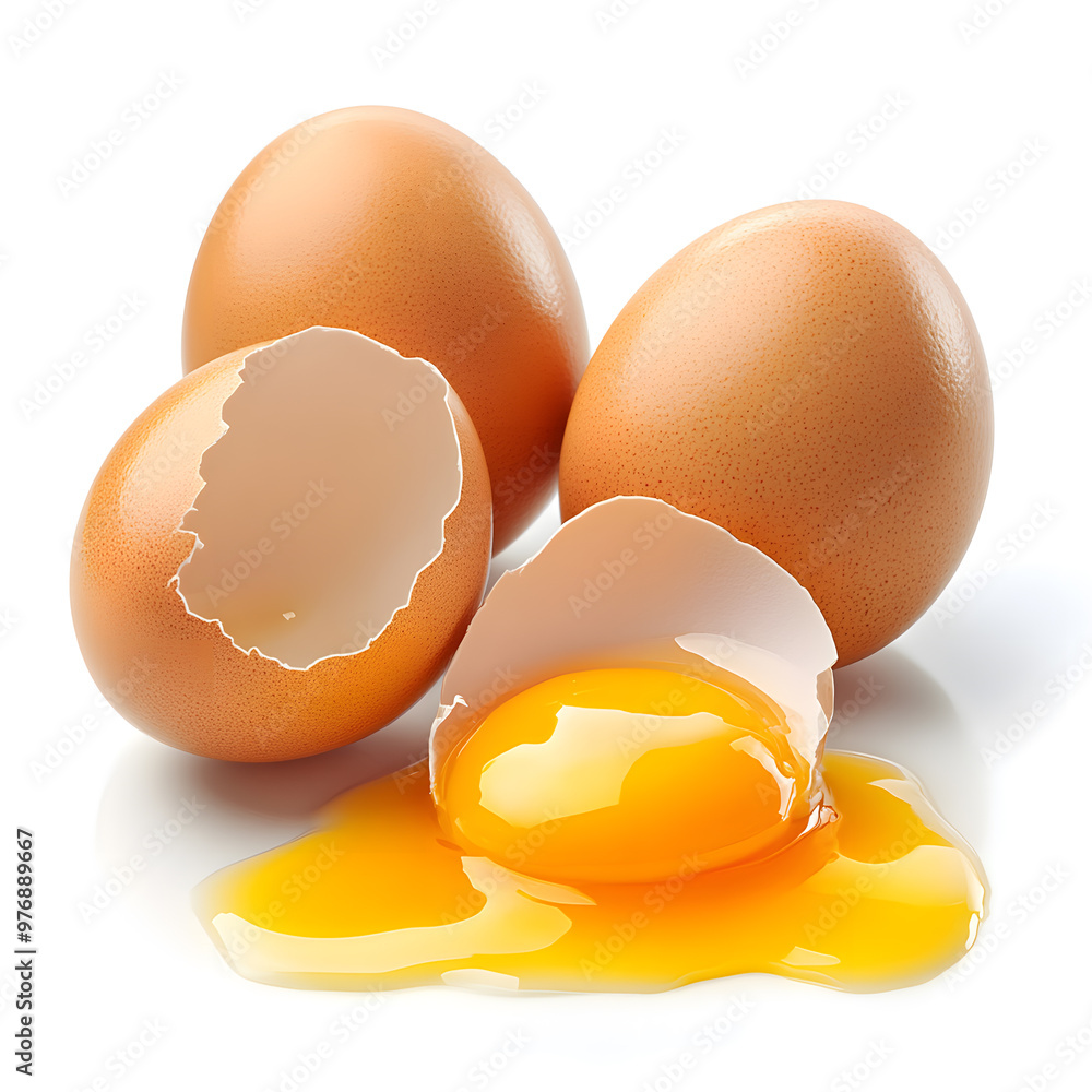 Cracked open eggs with intact yolks and broken shells, set against a white background Cracked open eggs with intact yolks and broken shells, set against a white background