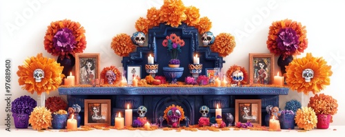 Day of the Dead Altar with Skulls  Flowers  and Candles