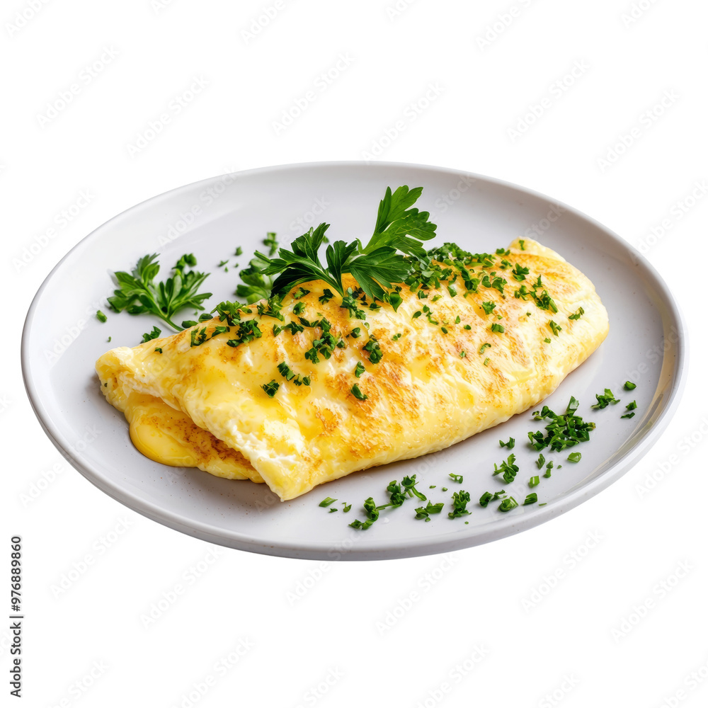Delicious fluffy omelette garnished with herbs on a plate Delicious fluffy omelette garnished with herbs on a plate
