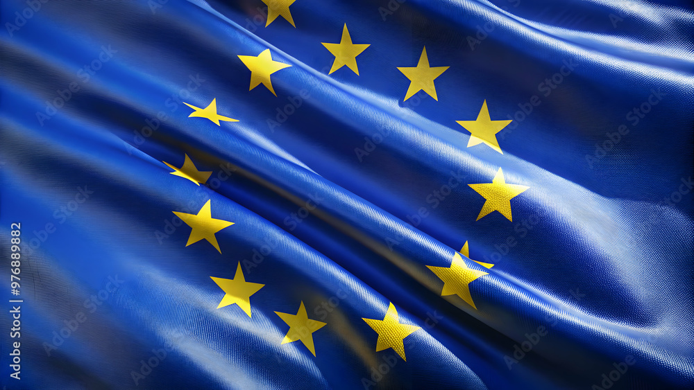 Closeup of European Union flag waving in the wind, fabric texture design, EU, Europe, European Union, flag, fluttering, wind, fabric Closeup of European Union flag waving in the wind, fabric texture design, EU, Europe, European Union, flag, fluttering, wind, fabric