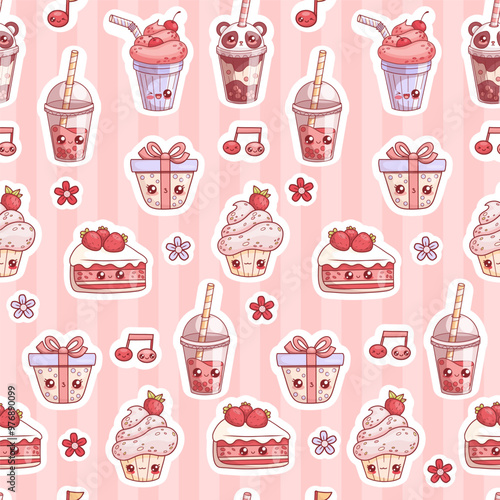 Seamless pattern with cute kawaii cartoon character festive sweet food and drinks on pink striped background. Vector illustration. Kids collection.