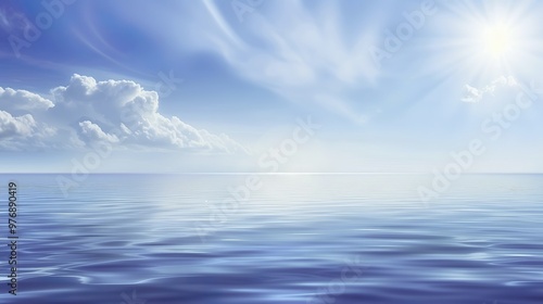 Abstract Blue Blurred Background with Light Sky Blue Color Gradient, Soft Clouds, and Calm Sea Water Texture. Bright Summer Day, Clear Sky, and Minimalistic Vector Illustration in a Realistic Photo St