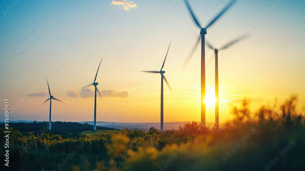 Wind turbines on rolling hills at sunset in a scenic landscape Wind turbines on rolling hills at sunset in a scenic landscape