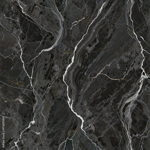 A Bardiglio marble texture with its medium to dark grey background and light grey veining. photo