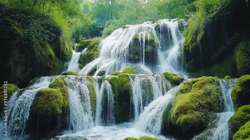Obraz premium Cascade Waterfall In Lush Green Forest