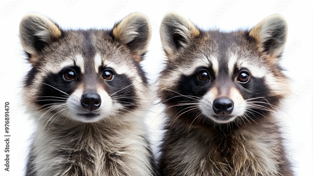 Raccoon portraits side by side on white background, raccoon, portrait, animal, wildlife, cute, furry, mammal, pair, duo Raccoon portraits side by side on white background, raccoon, portrait, animal, wildlife, cute, furry, mammal, pair, duo