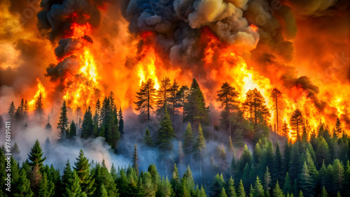 A photo of a raging wildfire spreading through a dense forest , fire, flames, wildfire, forest, disaster, destruction, blaze, hot