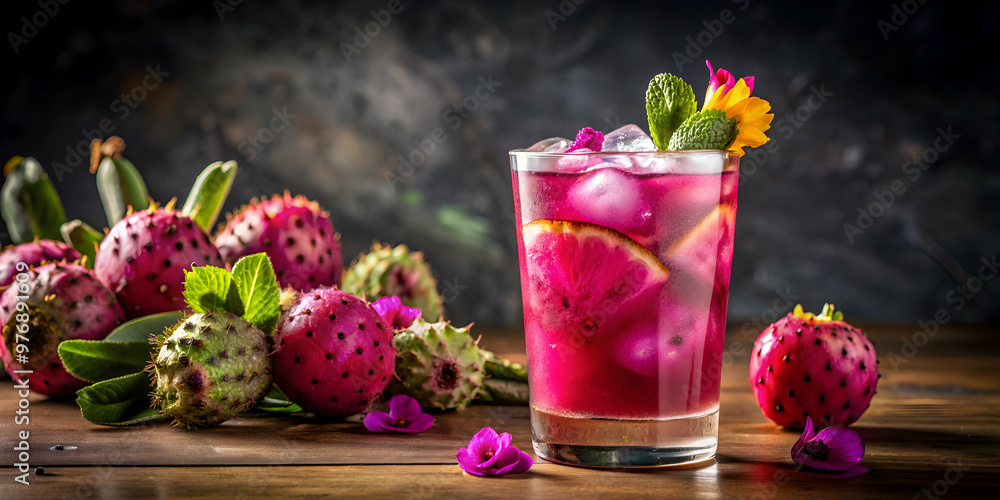 Exotic prickly pear juice cocktail served with ice and floral garnish in a tall glass, exotic, prickly pear, juice, cocktail Exotic prickly pear juice cocktail served with ice and floral garnish in a tall glass, exotic, prickly pear, juice, cocktail