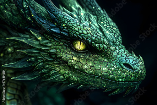 Close-up portrait of a green dragon, featuring a fantastic 3D reptile illustration