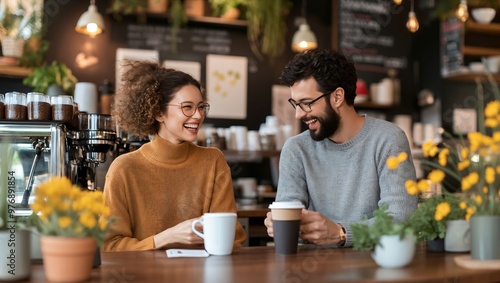 A warm and inviting moment shared between two friends as they enjoy coffee and laughter in a cozy café, surrounded by vibrant plants and delightful decorations.