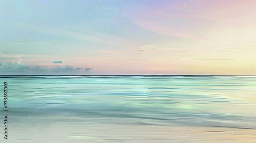 Fototapeta premium Abstract Blue Blurred Background with Light Sky Blue Color Gradient, Soft Clouds, and Calm Sea Water Texture. Bright Summer Day, Clear Sky, and Minimalistic Vector Illustration in a Realistic Photo St