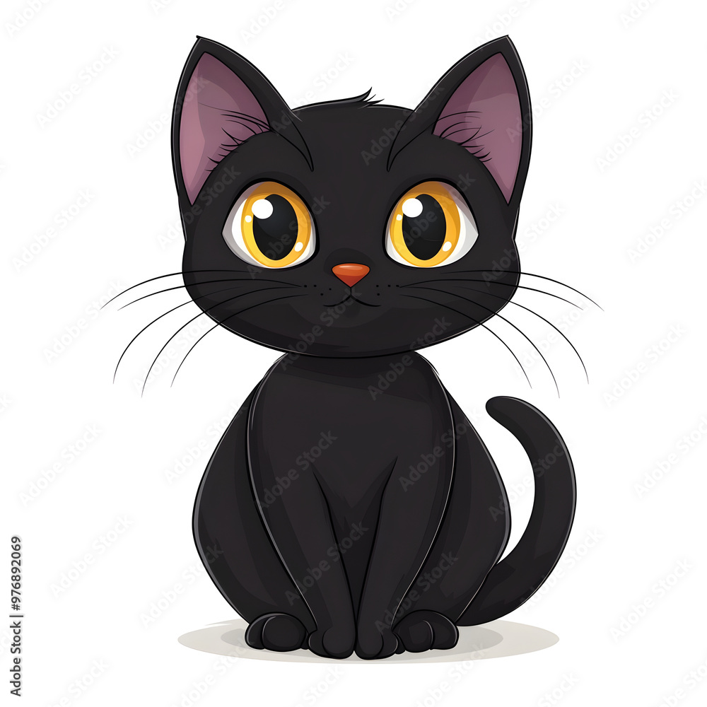 Mysterious Black Cat Cartoon Character on White Background Mysterious Black Cat Cartoon Character on White Background