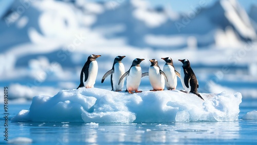 A delightful gathering of gentoo penguins on a glistening ice floe, surrounded by stunning blue waters and majestic icebergs, showcasing their playful social behavior in the Arctic.