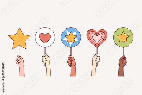 People hold up rating signs with hearts and stars, symbolizing support and approval for company or blogger. Rating marks of positive feedback from users and clients who have used services