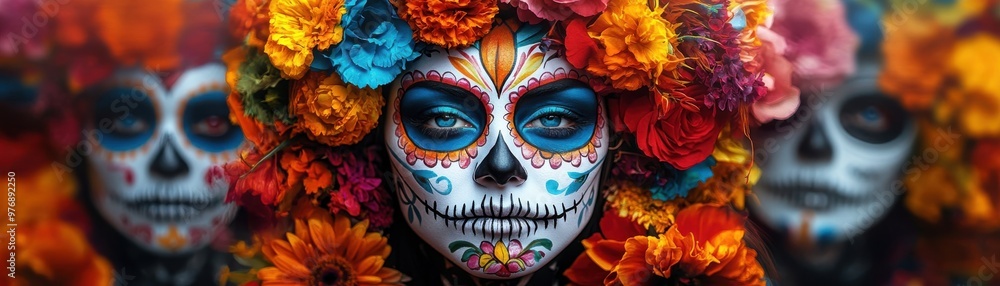 Day of the Dead Skull Makeup with Colorful Flowers Day of the Dead Skull Makeup with Colorful Flowers