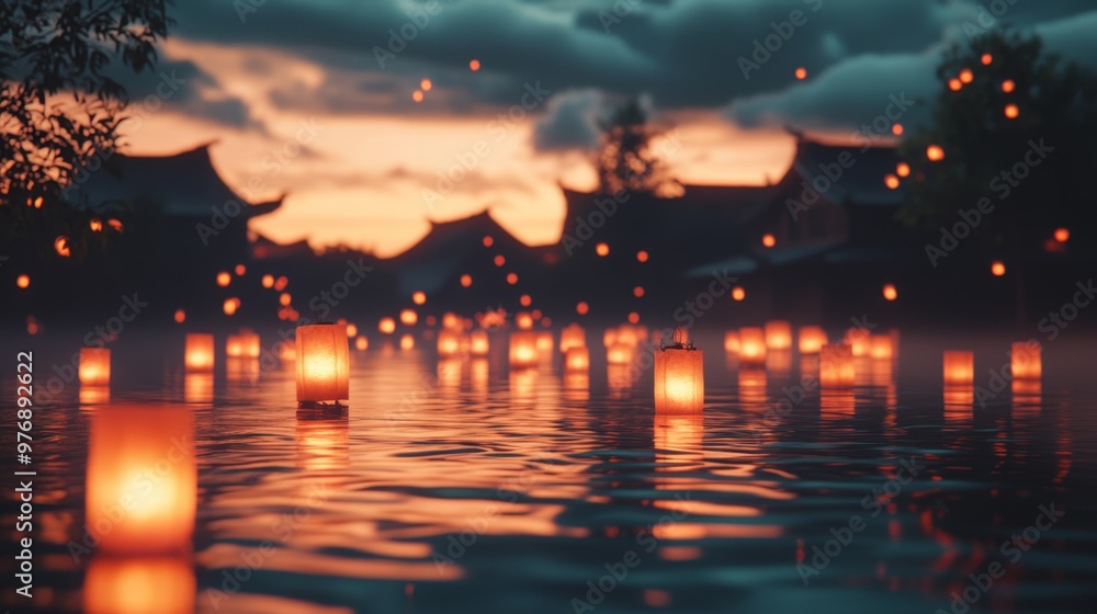 Illuminating Hope: Lanterns Floating in Flood Waters, Symbol of Resilience and Rebirth Illuminating Hope: Lanterns Floating in Flood Waters, Symbol of Resilience and Rebirth