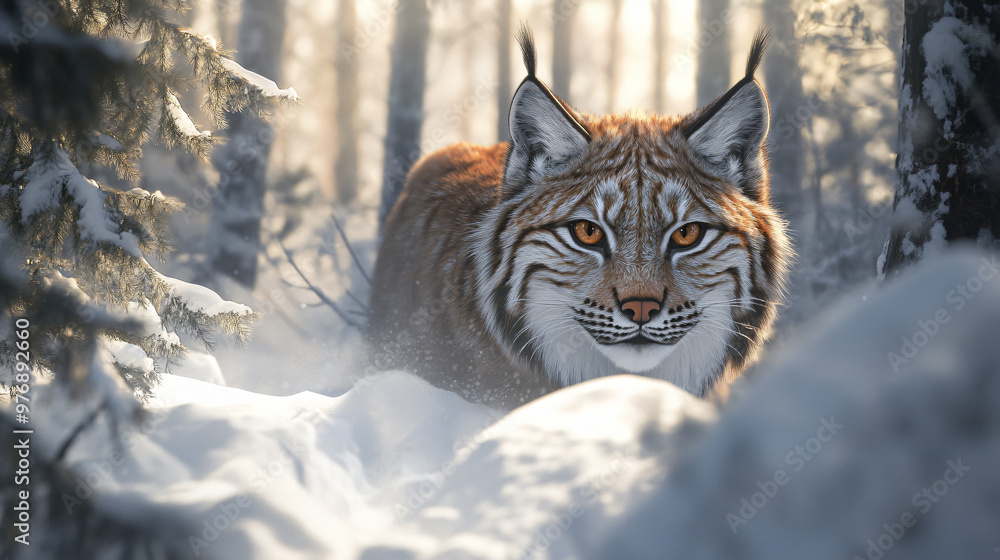A lynx peering through the snow-covered forest. A lynx peering through the snow-covered forest.