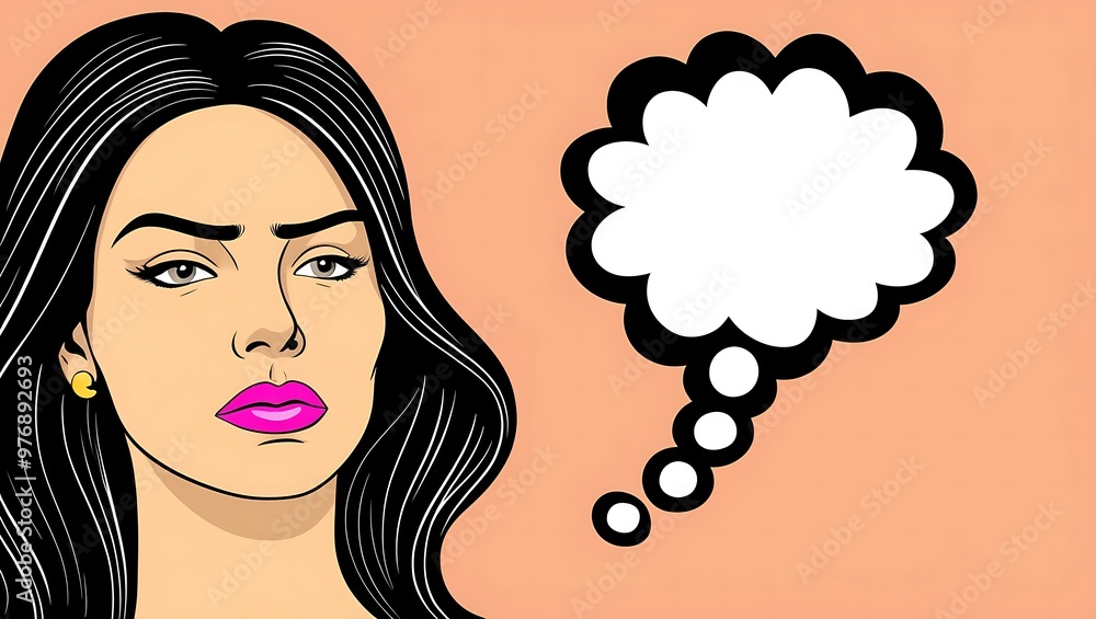 Pop art style illustration of a woman with long black hair and a serious expression. Features an empty white thought bubble for customizable text. Perfect for promotional and presentation designs Pop art style illustration of a woman with long black hair and a serious expression. Features an empty white thought bubble for customizable text. Perfect for promotional and presentation designs