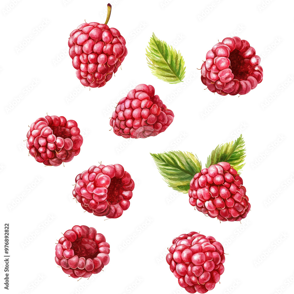 Fresh raspberries with leaves, illustrations of berries Fresh raspberries with leaves, illustrations of berries