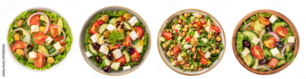 A vibrant collection of fresh salads, featuring colorful vegetables and toppings in elegant bowls, perfect for healthy dining. A vibrant collection of fresh salads, featuring colorful vegetables and toppings in elegant bowls, perfect for healthy dining.