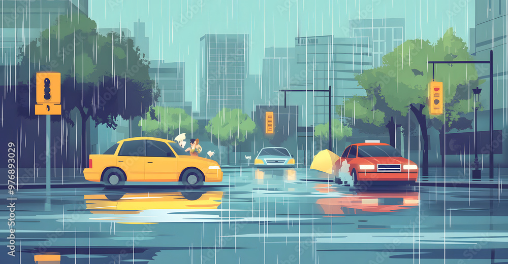 Obraz premium Heavy Rain Flooding Urban Streets with Cars Submerged in Water