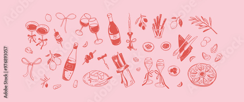 Girly food and wine pink background. Coquette style. La dolce vita concept. Design elements for Valentines Day greeting cards, wedding invitations, happy birthday designs. Minimalist illustration