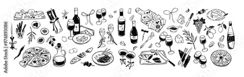 Minimalist food and wine hand drawn sketch set. Cheese platte, ousters plate, charcuterie Jamon and salami board, vine bottle, drink glass, champagne vector handwriting scribble drawing