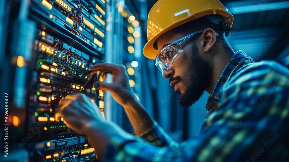 Securing Data Networks: IT Technician Performing Server Maintenance for Enhanced Data Protection and Network Security Securing Data Networks: IT Technician Performing Server Maintenance for Enhanced Data Protection and Network Security