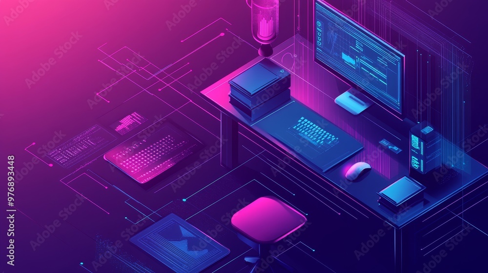 Future-Ready Workplace: Isometric View of Cutting-Edge Office with Smart Business Solutions and AI Integration Future-Ready Workplace: Isometric View of Cutting-Edge Office with Smart Business Solutions and AI Integration